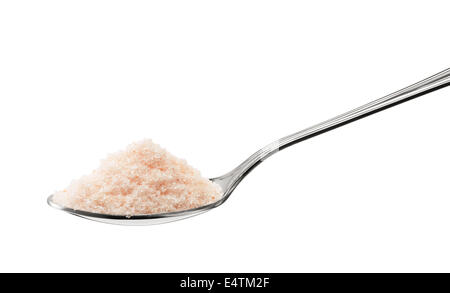 Natural de sal de roca rosa del Himalaya cucharadita aislado en blanco Foto de stock