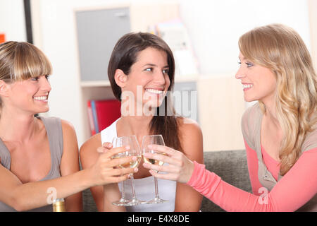 Tres compañeros de casa bebiendo vino juntos Foto de stock