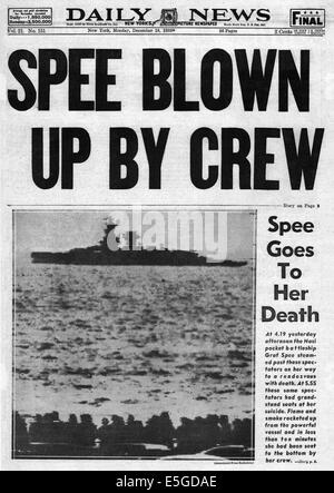 1939 Daily News (Nueva York) Front page informes acorazado de bolsillo alemán Graf Spee saboteado en el puerto de Montevideo