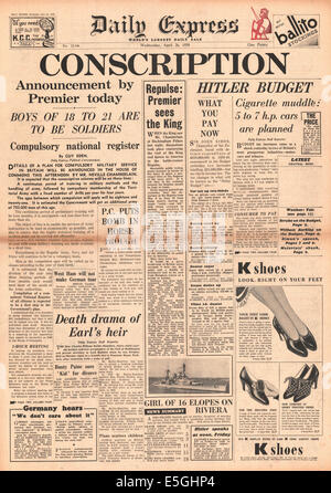 Daily Express 1939 Front page informes del gobierno británico introduce conscripción