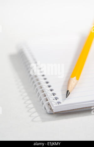 Lápiz amarillo descansando sobre un pequeño cuaderno de espiral.