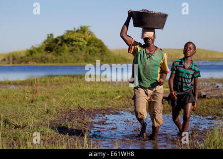 La pesca es una actividad económica primaria para las familias que viven en y alrededor de Bangweulu Wetlands, Zambia, incluso para los niños. Foto de stock