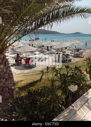 Cesme, Turquía, Agosto 2nd, 2014: playa turística en la península Cesme en temporada alta son vistos a través de las palmeras. Foto de stock