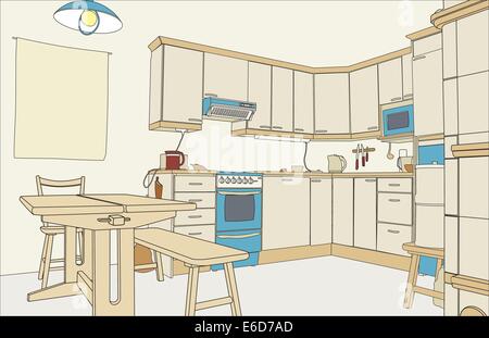 Croquis del interior cocina. Blueprint esquema de diseño de la cocina