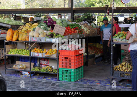 Frutas y verduras en la exhibición en el Valle de Antón (Valle de Anton) en Panamá. Foto de stock
