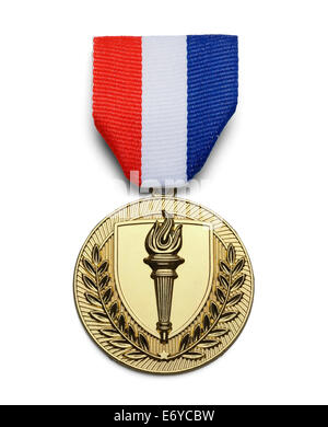 Antorcha medalla de oro usa aislado sobre fondo blanco. Foto de stock