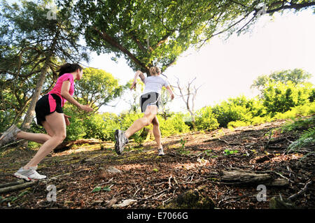 Dos mujeres jóvenes corredores corriendo pista forestal