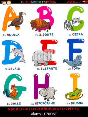  Ilustración de dibujos animados de coloridos alfabeto español o Alfabeto Espanol con graciosos animales desde la letra A a la I Fotografía de stock