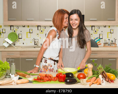 Retrato de dos hermosas mujeres blancas de pie en la cocina y cocinar, riendo, susurrando algo