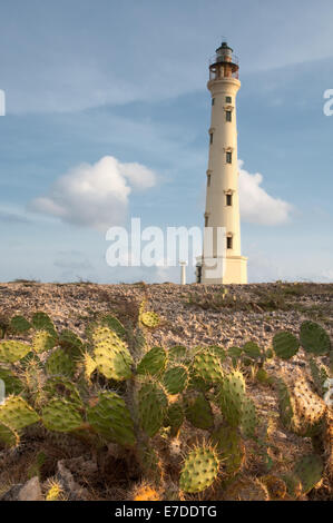 Amanecer ilumina el Faro California ubicado en la punta norte de Aruba. Foto de stock