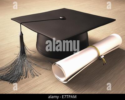 Certificado de Graduación y birrete, equipo de ilustraciones. Foto de stock