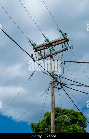 Líneas y cables de energía eléctrica contra un cielo azul brillante tomadas  en la isla de Mull Fotografía de stock - Alamy