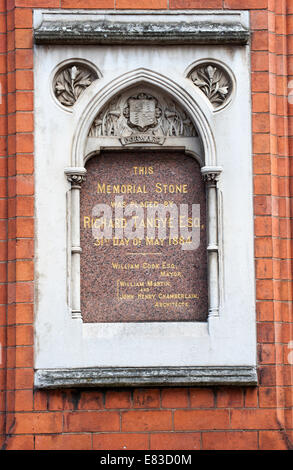 Placa de pared Memorial a Richard Tangyn, Market Street, Birmingham, Inglaterra, Reino Unido. Foto de stock