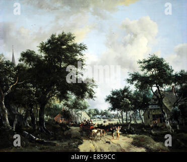 Paisaje boscoso con merrymakers en un carrito. Por Meindert Hobbema.Pintor holandés.1639-1709. Foto de stock