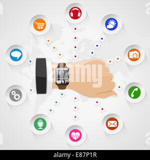 Reloj inteligente con las aplicaciones e iconos. Puede utilizarse para la infografía, presentaciones, publicidad. Ilustración. Foto de stock