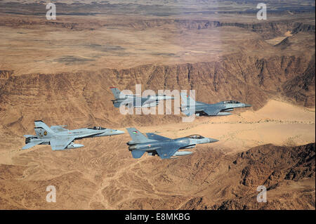 Mayo 13, 2014 - F-16 combates de halcones de los EE.UU. y Royal Jordanian Fuerzas Aéreas, junto con un F-18 Hornet desde los EE.UU. Marin Foto de stock