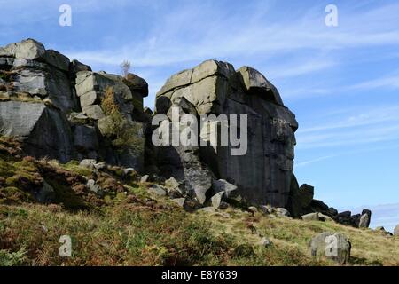 Vaca y ternera rocas, Ilkley Moor, West Yorkshire Foto de stock