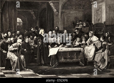 Cristóbal Colón compareciendo ante la Reina Isabel y en la corte española, a partir de un cuadro pintado por V. Brozik, 1884 Foto de stock