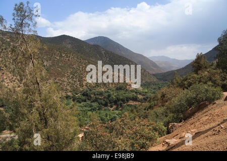 Vistas al valle de Ourika hacia el Alto Atlas en Marruecos Foto de stock
