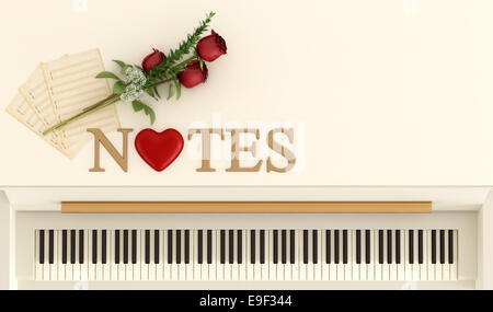 Vista superior de un piano vertical con rosas rojas,Hoja de música y texto áureo tridimensional y un corazón - 3D Rendering