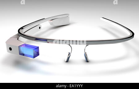 Tecnología informática portátil con una pantalla montada en la cabeza óptica, en forma de gafas inteligentes Foto de stock