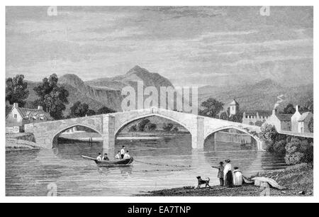 Llanrwst puente construido por Inigo Jones en río Conway circa 1830 Foto de stock