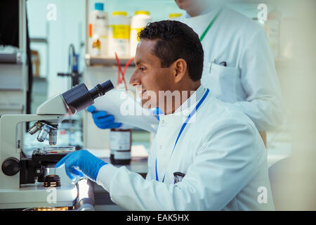 Scientist examina la muestra bajo el microscopio en laboratorio