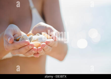 Cerca de mujer caucásica la celebración de conchas en la playa