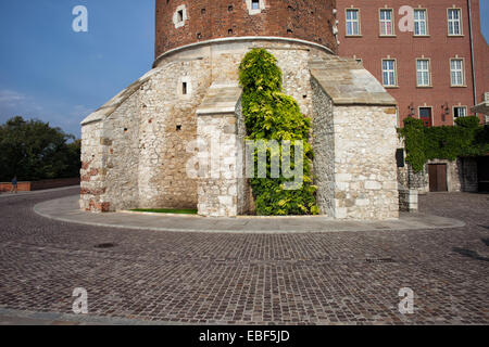 Contrafuertes en la parte inferior de la torre Sandomierska, parte de las fortificaciones del Castillo Real de Wawel, en Cracovia, Polonia. Foto de stock