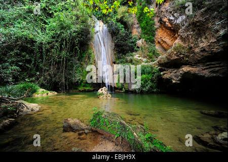 Enmarcado por una pequeña cascada pintoresca roca, cubierto de Grecia, el Peloponeso, Messenia, Gialova Foto de stock