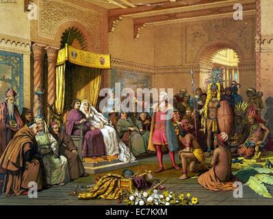 Colón en la corte de Barcelona. Cristóbal Colón ante el Rey y la Reina de España, presentando los indios y los tesoros del Nuevo Mundo, 1493. Foto de stock