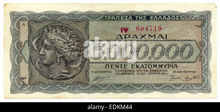 Nota banco histórico, Grecia, 5 millones de dracmas a partir de 1944, la inflación de dinero, Europa, Foto de stock