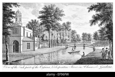 Grabado en cobre de 1776 bellezas paisajísticas más elegantes de Inglaterra magníficos edificios públicos. Jardines de Chiswick río serpentina Foto de stock