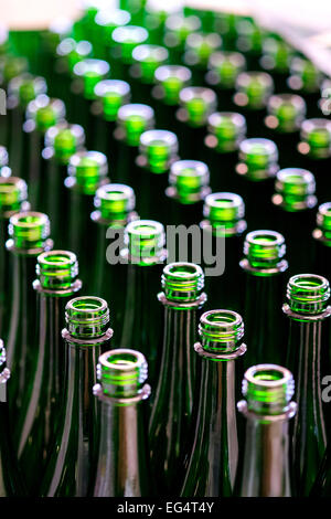 Filas vacías, botellas verdes en planta embotelladora