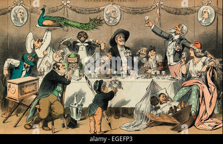 Una fiesta familiar - el cumpleaños 200 del Tío Sam más saludable de los niños adoptados. Caricatura Política 1883