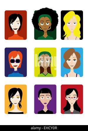 Una caricatura de vectores que representan 9 diferentes dibujos animados rostros femeninos, útil para los avatares. Cabello, ojos, boca, nariz, caras ,torses, ojo Foto de stock