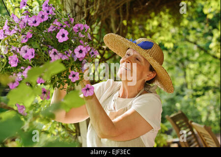 Feliz altos mujer tiende las flores en una maceta colgante. Hay un fondo verde de las plantas, borrosa y sillas de exterior de madera Foto de stock