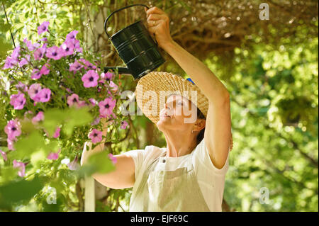 Mujer Senior aguas las flores en una maceta colgante. Ella está de pie bajo una pérgola cubierta de vid. Foto de stock