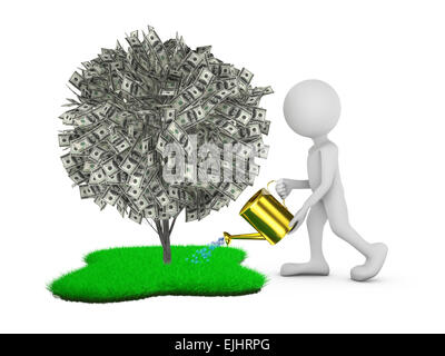 El hombre árbol de riego con billetes de dólar sobre la hierba verde Foto de stock