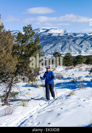 Mujer esquí, claro día de invierno, en el centro de Colorado, EE.UU. Foto de stock