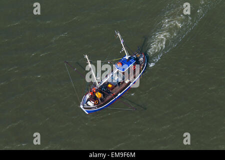 Vista de pájaro del camarón azul barco arrastrero la pesca de camarones en el mar