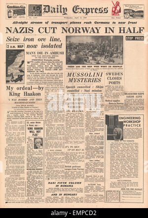 1940 Front page Express diaria batalla por Noruega Foto de stock