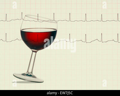 El vino tinto y el electrocardiograma ECG impresa. Se nos vino tinto es bueno para el corazón. Foto de stock