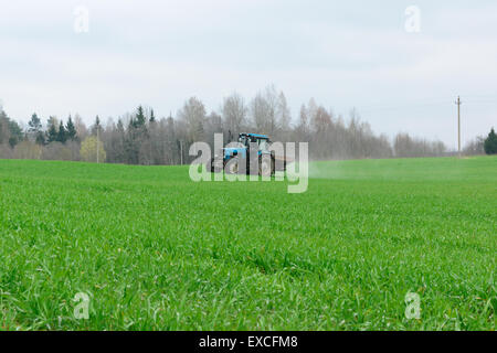 El tractor azul con un spray procesa un campo verde para una buena cosecha Foto de stock