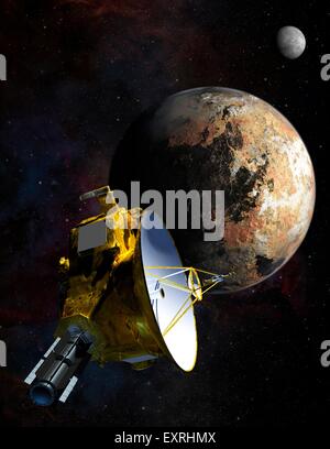 Concepción artística de la nave Nuevos Horizontes a medida que se aproxima su luna más grande de Plutón y Caronte en julio de 2015. La nave espacial ha completado con éxito un sobrevuelo de Plutón el 14 de julio. Foto de stock