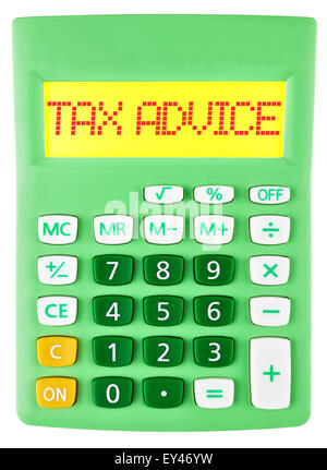 Calculadora con asesoramiento fiscal en la pantalla aislado sobre fondo blanco. Foto de stock