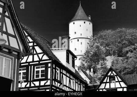 Alemania, en el Estado federado de Baden-Württemberg: detalles arquitectónicos del centro histórico en Biberach an der Riss como versión en blanco y negro Foto de stock