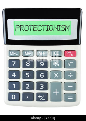 Calculadora con el proteccionismo en la pantalla aislado sobre fondo blanco. Foto de stock