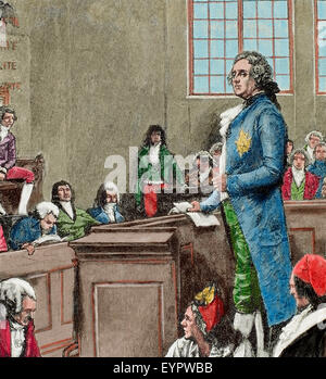 La revolución francesa (1789-1799). La convención. Sentencia de Luis XVI de Francia. Grabado. Historia de Francia, 1882. Coloreada. Foto de stock