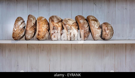 Varios tradicionalmente pan agrio en una panadería, Devon, Reino Unido Foto de stock